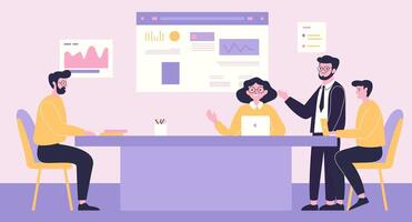 Flat Design Illustration of Teamwork Briefing Business Meeting at office with Infographic on Screen vector