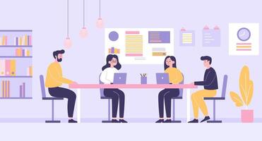 Flat Design Illustration of Teamwork Communication Business Meeting at office with Infographic on Screen vector