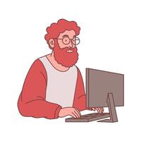 Bearded Man Employee Cartoon Character Wearing Glasses Working with Computer at Office vector