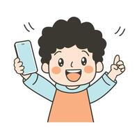 Cute Kid Boy Character Holding Gadget Handphone with Happy Expression vector