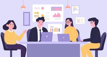 Flat Design Illustration of Teamwork Business Meeting at office with Financial Infographic on Screen vector