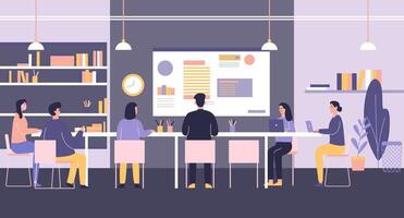 Flat Design Illustration of Group Business Meeting at office with Infographic on Screen vector