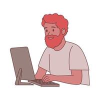 Bearded Man Staff Cartoon Character Working with Computer vector