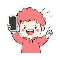 Cute Curly Haired Kid Boy Character Holding Smartphone with Happy Expression vector