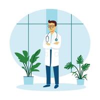 Man Doctor Character Crossing Hands While Smiling with Leaves Floral Plants vector