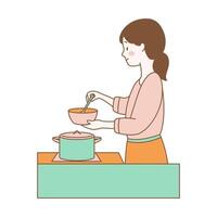 Cute Girl Cartoon Character is Cooking Cuisine with Pan in Kitchen vector