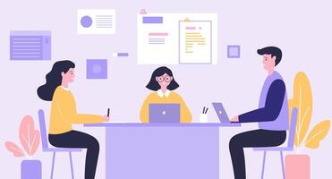 Flat Design Illustration of Teamwork Business Meeting at office with Infographic on Screen vector