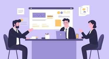 Flat Design Illustration of Teamwork Business Meeting at office with Graph Data on Screen vector