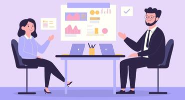 Flat Design Illustration of Business Meeting at office with Infographic on Screen vector