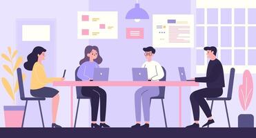 Flat Design Illustration of Teamwork Business Meeting Briefing at office with Infographic on Screen vector