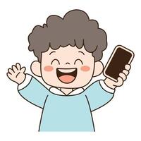 Cute Curly Haired Kid Boy Character Holding Gadget Handphone with Happy Expression vector