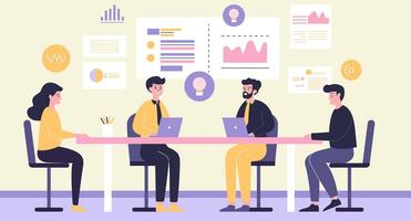 Flat Design Illustration of Teamwork Business Meeting at office with Economy Infographic on Screen vector