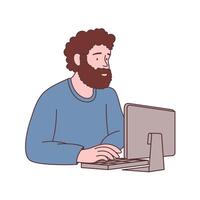 Bearded Man Freelance Employee Cartoon Character Working with Computer vector