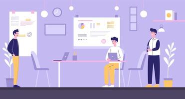 Flat Design Illustration of Teamwork Presentation Business Meeting at office with Infographic on Screen vector
