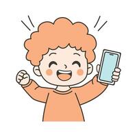 Cute Curly Haired Kid Boy Character Holding Gadget with Happy Expression vector