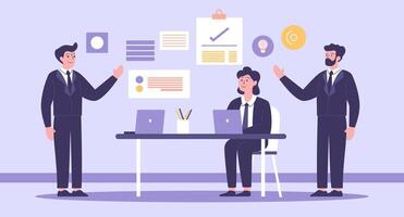 Flat Design Illustration of Teamwork Business Meeting at office with Diagram on Screen vector