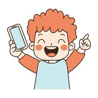 Cute Curly Haired Kid Boy Character Holding Handphone with Happy Expression vector