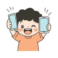 Cute Curly Haired Child Boy Character Holding Gadget Handphone with Happy Expression vector