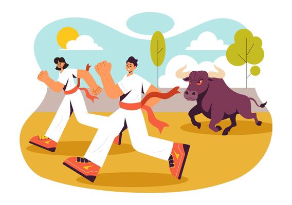 Illustration of Bull Racing and Fighting in a Festival Arena Background