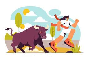 Running of the Bulls Scene with Bullfighting Elements in a Flat Cartoon Background vector