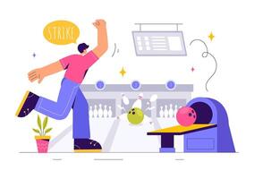 Flat Style Cartoon of Bowling Game with Pins, Balls, and Scoring Board vector
