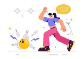 Flat Cartoon of Bowling Game with Action-Packed Pins, Balls, and Scoreboard vector