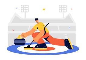 Curling Game Art with Rocks, Brooms, and Ice Rink in Flat Style Background vector
