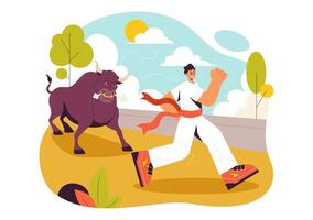 Bull Arena Illustration Featuring Bulls Running and Charging in Cartoon Style vector