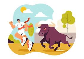 Illustration of Running of the Bulls with Bullfighters in a Flat Style Arena Background vector