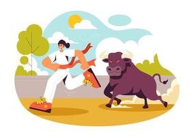 Bull Run Art Depicting a Bullfight Competition in a Cartoon Arena Scene vector