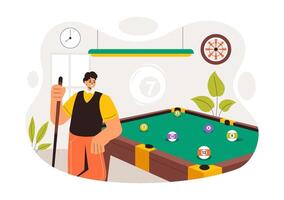 Pool Game Illustration Featuring Cue Stick, Table, and Balls in a Pool Room Setting vector
