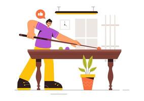Billiard Room Illustration with Player, Cue Stick, and Balls in Flat Cartoon Background vector