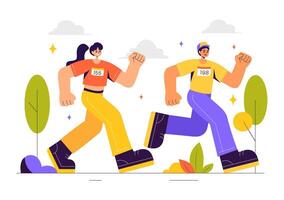 Illustration of People Participating in a Marathon, Running in a Sport Event with a Cartoon Background vector
