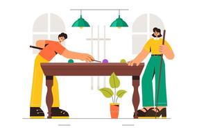 Billiards Illustration with a Player in a Pool Hall, Stick, Table, and Balls in a Flat Cartoon Style vector
