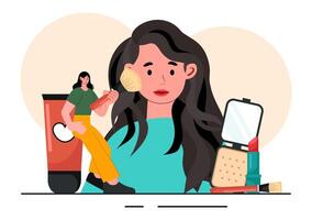 Illustration of a Beauty School with Girls Using Cosmetics in Flat Style vector