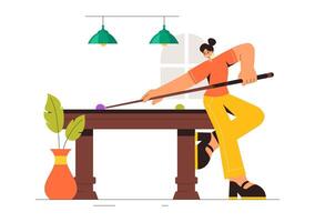 Cartoon Style Illustration of a Pool Player in a Billiards Club with Cue and Table vector