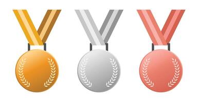 three gold, silver and bronze medals with gradient color on a white background vector