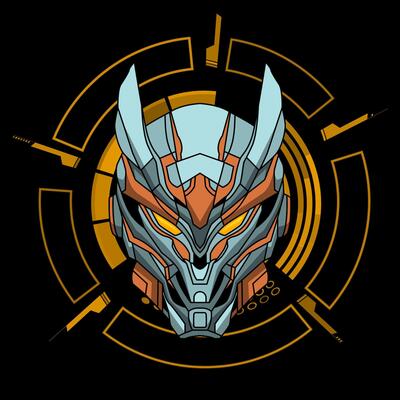 Illustration graphic of cyborg robot knight in black background
