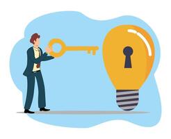 smart businessman holding golden key about to insert into key hold on lightbulb idea lamp vector