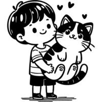 Boy owner holds his beloved fat cat in his arms in monochrome. Simple minimalistic image in black ink drawing on white background vector