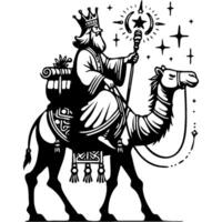 Magician king with a staff in his hand and gifts rides on a camel in monochrome. Simple minimalistic image in black ink drawing on white background vector