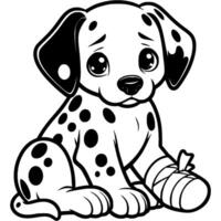Spotted dalmatian puppy with injured paw bandaged by vet in monochrome. Simple minimalistic image in black ink drawing on white background vector