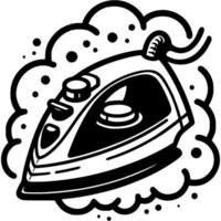 Electric iron ironing with steam in monochrome. Simple minimalistic image in black ink drawing on white background vector