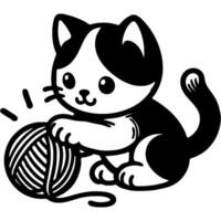Playful kitten playing with a ball of wool in monochrome. Simple minimalistic image in black ink drawing on white background vector