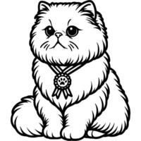 Fluffy Persian cat with medal on his neck as winner of a cat show in monochrome. Simple minimalistic image in black ink drawing on white background vector