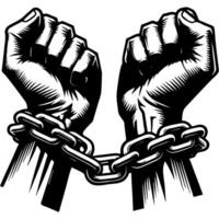 Human hands shackled with a metal chain in monochrome. Simple minimalistic image in black ink drawing on white background vector