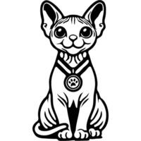 White contented cat of the Sphynx breed with a medal of the winner of the cat show in monochrome. Simple minimalistic image in black ink drawing on white background vector