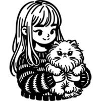 Girl owner dressed in knitted sweater holds in her arms a gift of a fluffy little kitten in monochrome. Simple minimalistic image in black ink drawing on white background vector