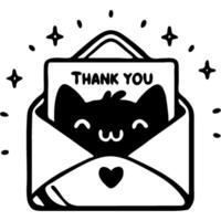 Open paper envelope with gift card, cat design and thank you inscription in monochrome. Simple minimalistic image in black ink drawing on white background vector