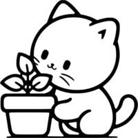 Small white kitten curiously examines a potted houseplant in monochrome. Simple minimalistic image in black ink drawing on white background vector